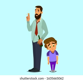 A little boy with a drunk dad. Social problem. Dysfunctional family. Vector illustration.
