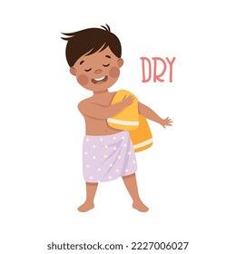 Little Boy Drying with Towel After Shower Demonstrating Vocabulary and Verb Studying Vector Illustration
