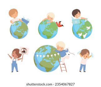 Little Boy with Earth Globe Taking Care of Planet Earth Vector Illustration Set