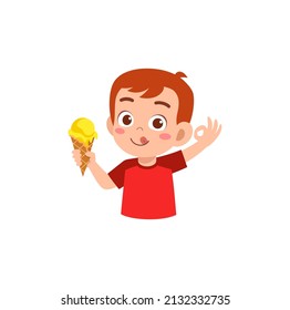 little boy eat sweet ice cream and feel happy