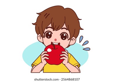 A little boy is eating an apple. Vector illustration in cartoon style.