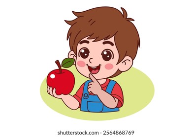 A little boy is eating an apple. Vector illustration in cartoon style.