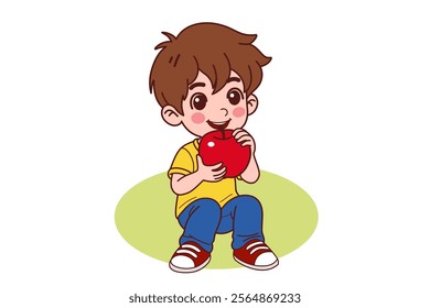 A little boy is eating an apple. Vector illustration in cartoon style.