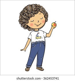 Little boy eating an apple. Vector illustration.