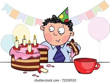 Little boy eating birthday cake