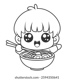 Little boy eating a bowl of ramen noodles, for coloring
