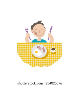 A little boy eating breakfast, flat style illustration 