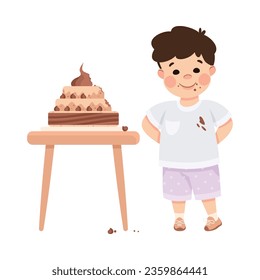 Little Boy Eating Cake Having Bad Behavior Vector Illustration