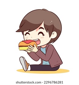 Little boy eating delicious sandwich burger cartoon flat character vector illustration