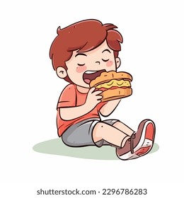 Little boy eating delicious sandwich burger cartoon flat character vector illustration