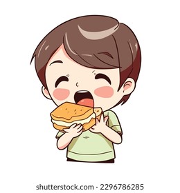 Little boy eating delicious sandwich burger cartoon flat character vector illustration