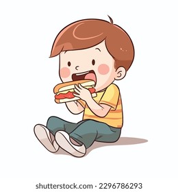 Little boy eating delicious sandwich burger cartoon flat character vector illustration