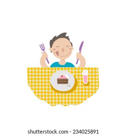 A little boy eating dessert, flat style illustration 