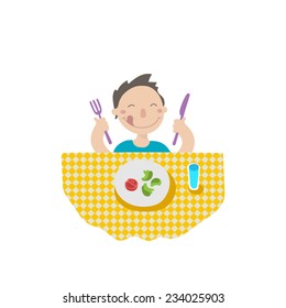 A little boy eating healthy food, flat style illustration 