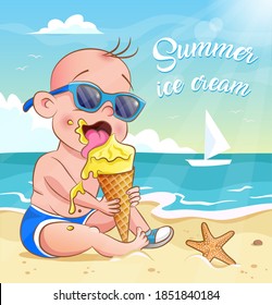 Little boy eating ice cream in a waffle cone. Cool kid in sunglasses  on the sea beach. Vector illustration. Summer background with sea, sky, clouds, starfish and sailboat on the sea waves.