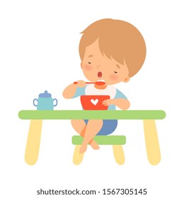Little Boy Eating On His Own Vector Illustration