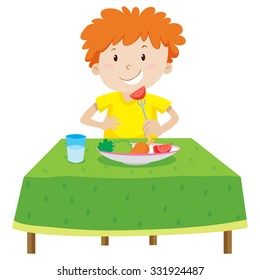 Little boy eating on the table illustration
