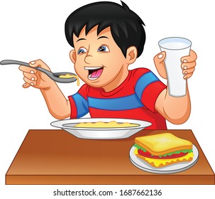 little boy eating on a white background