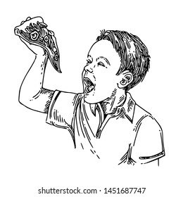 Little boy eating a slice of pizza. Sketch. Engraving style. Vector illustration.