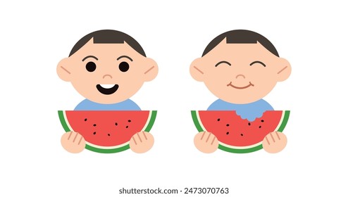A little boy is eating a slice of watermelon. Cartoon style flat illustration. 