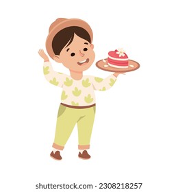 Little Boy Eating Sweet Cake on Plate with Happy Face Enjoying Sugary Treat Vector Illustration