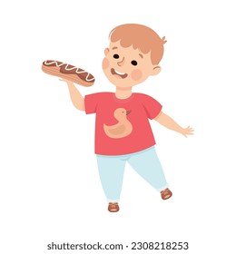 Little Boy Eating Sweet Eclair with Happy Face Enjoying Sugary Treat Vector Illustration