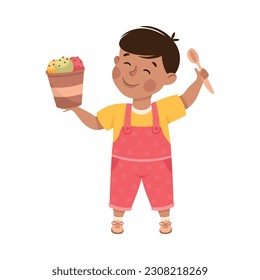 Little Boy Eating Sweet Ice Cream with Happy Face Enjoying Sugary Treat Vector Illustration