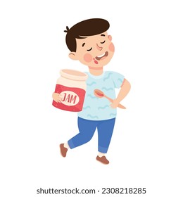 Little Boy Eating Sweet Jam from Jar with Happy Face Enjoying Sugary Treat Vector Illustration