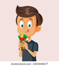 
Little Boy Eating a Turkish Kebab Vector Funny Cartoon Illustration. Cheerful hungry kid enjoying delicious traditional meal
