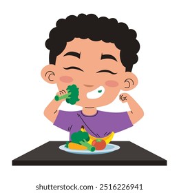little boy eating vegan food isolated