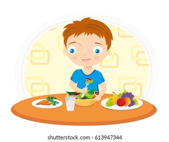 little boy eating vegetable at the table vector illustration