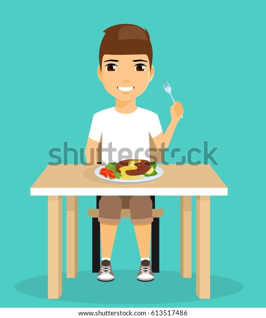 Little Boy Eats Sitting Dining Table Stock Vector (Royalty Free ...