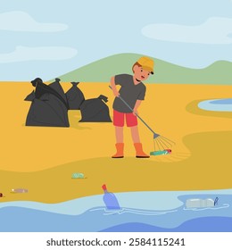 Little boy eco volunteer character raking up trash cleaning ocean beach sorting waste caring for nature scene. Positive kid participating in environmental protection movement vector illustration