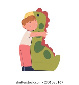 Little Boy Embracing Dinosaur Toy Being at Kindergarden Vector Illustration