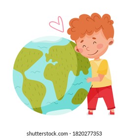 Little Boy Embracing Globe Sphere as Protection Sign Vector Illustration