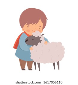 Little Boy Embracing Sheep Feeling Happiness Vector Illustration