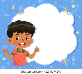 Little boy with empty blank text box frame. Vector cartoon character on blue background