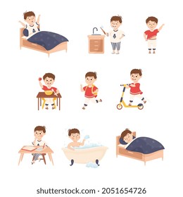 Little Boy Engaged in Daily Activity and Everyday Routine Vector Set