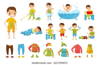 Little Boy Engaged in Daily Activity and Everyday Routine with Clothing Vector Set