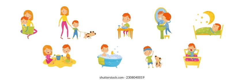 Little Boy Engaged in Daily Activity and Everyday Routine Vector Set