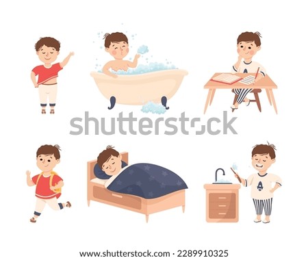 Little Boy Engaged in Daily Activity and Everyday Routine Vector Set