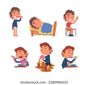 Little Boy Engaged in Daily Routine Activity Vector Set