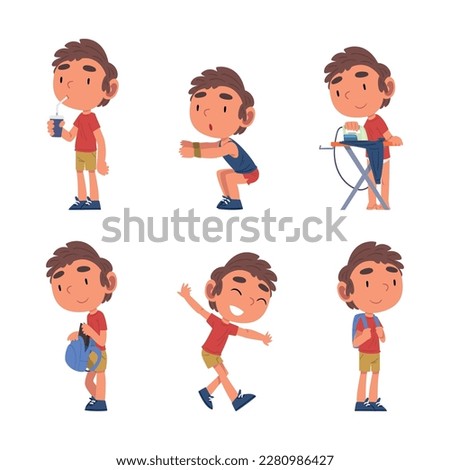 Little Boy Engaged in Daily Routine Activity Vector Set
