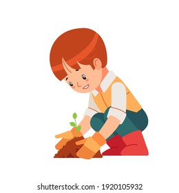 Little boy engaged gardening in the backyard. Montessori plant growing learning activity and nature education for preschool kid. Education Eco concept. Organic gardening. Cartoon vector illustration.