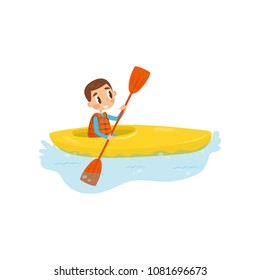 Little boy engaged in kayaking. Cheerful kid sitting in kayak and holding paddle. Active summer recreation. Flat vector design