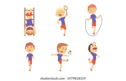 Little Boy Engaged in Physical Education and Athletics Running and Playing Volleyball Vector Set
