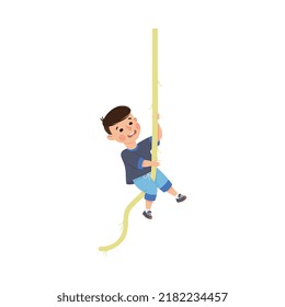 Little Boy Engaged in Physical Education Climbing Rope During Class at School Vector Illustration