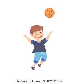 Little Boy Engaged in Physical Education Playing Basketball During Class at School Vector Illustration