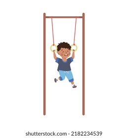 Little Boy Engaged in Physical Education Hanging on Chinning Bar with Rings During Class at School Vector Illustration