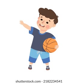 Little Boy Engaged in Physical Education Playing Basketball During Class at School Vector Illustration